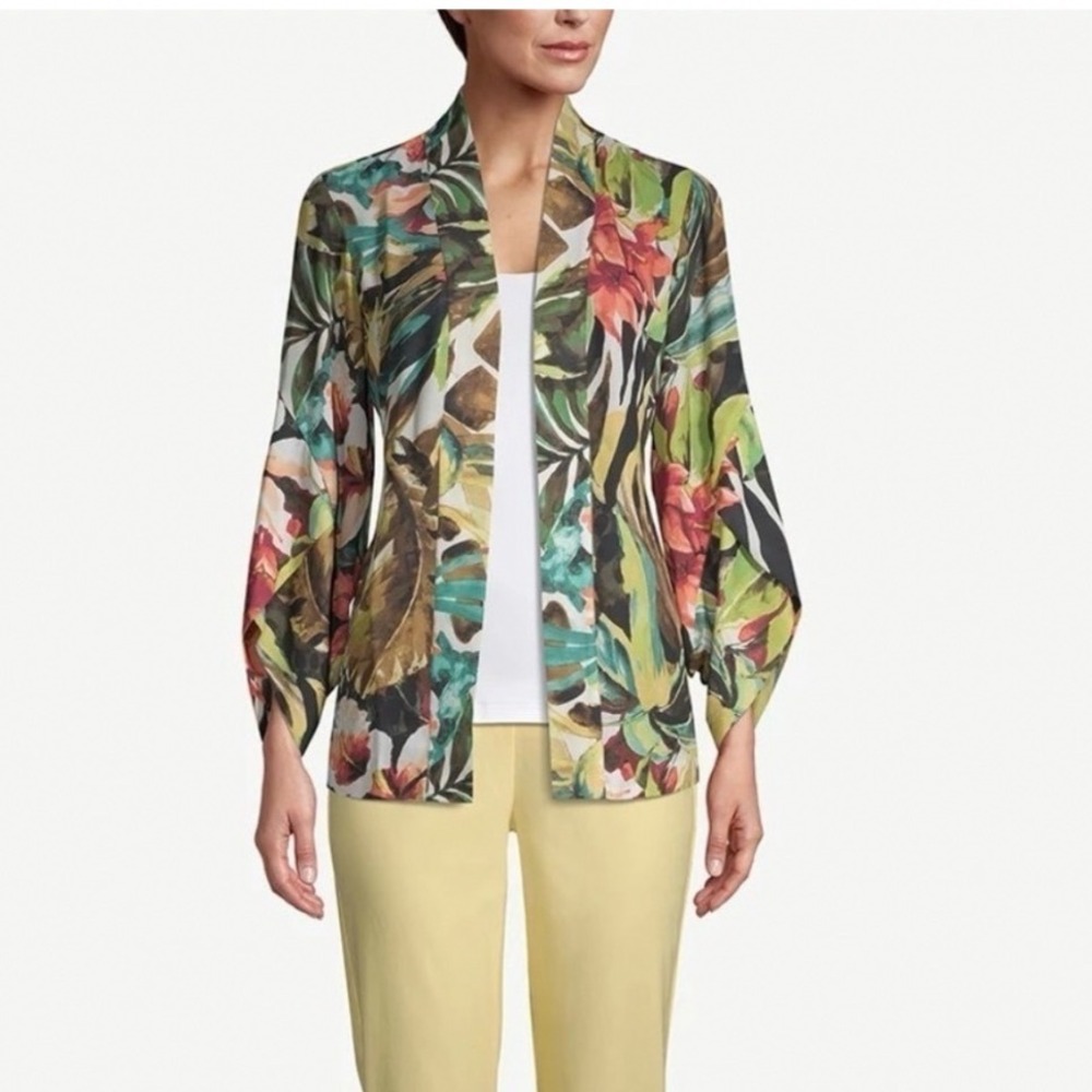 Chicos Tropical Floral Open Front Cardigan Jacket Green Brown Size 0 S 4/6